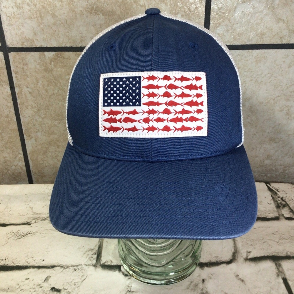 Columbia Sportswear PFG Hat Unisex Sz S/M Fish Flag Navy Ball Fitted‎ Ball Cap